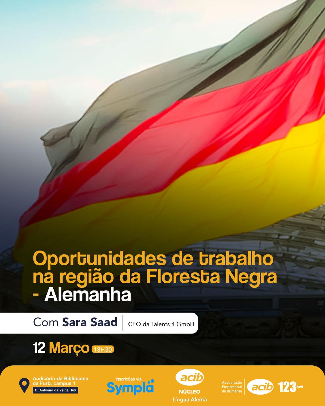 A imagem mostra a bandeira da Alemanha ao fundo com informações sobre o evento na frente o 